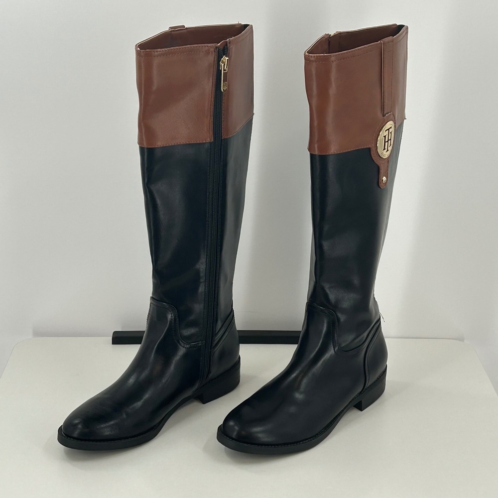 Tommy Hilfiger Womens Black Brown Two Tone Equestrian Riding Boots Gold Logo 7M‎